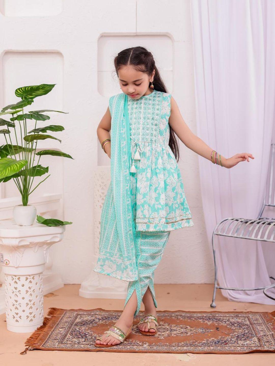 Aisha Sky Blue Girls Kurt with Dhoti Salwar Set in Cotton