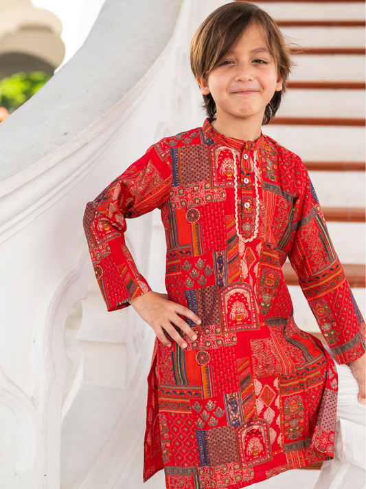 Amara Red Floral Boys Kurta Pajama in Muslin Cotton with Pockets