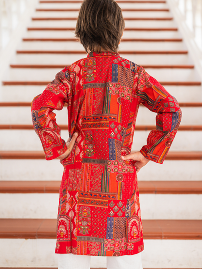 Amara Red Floral Boys Kurta Pajama in Muslin Cotton with Pockets