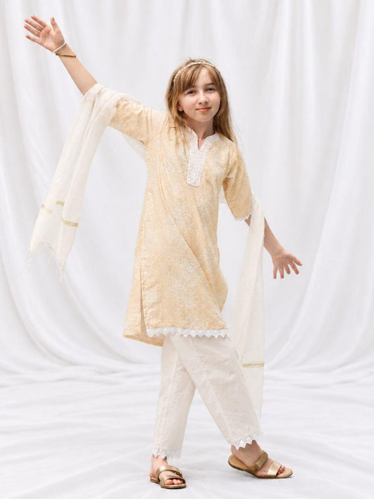 Anaya Embroidered Yellow & Pink Girls Lace Kurti Pants Set with Dupatta