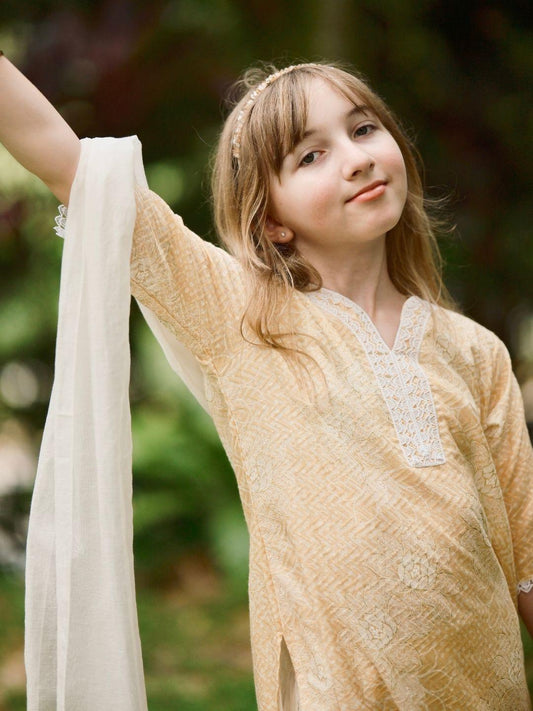 Anaya Embroidered Yellow & Pink Girls Lace Kurti Pants Set with Dupatta