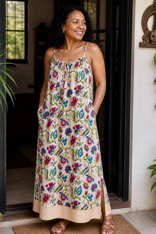 ViryaByUrbi Floral Beige Cotton Spaghetti Dress
