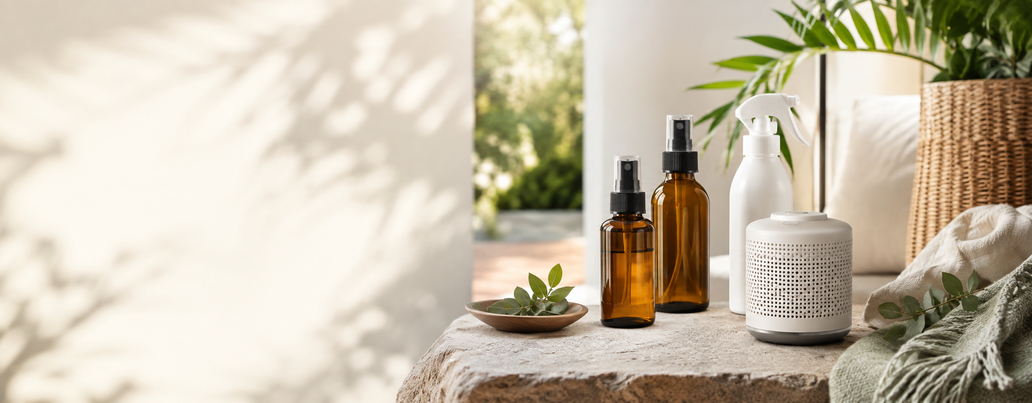 Natural home-protection products styled in a bright, leafy home setting with soft daylight.