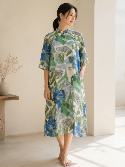 You Living Abstract Blue Floral Cheongsam Dress - Free Size