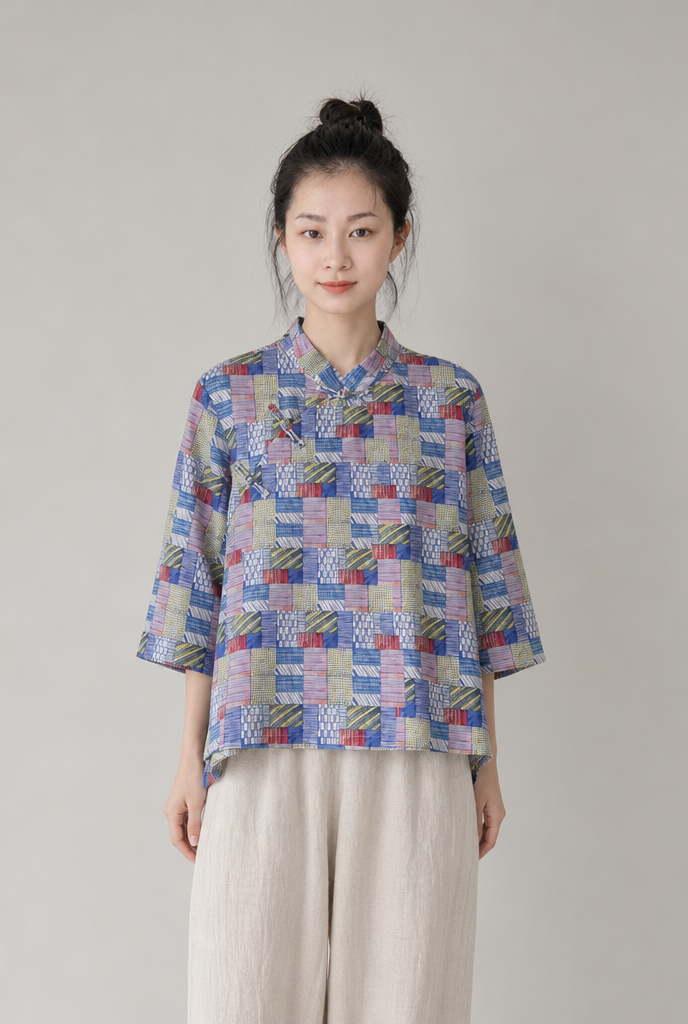You Living Blue Patchwork Print Cheongsam Samfoo Top