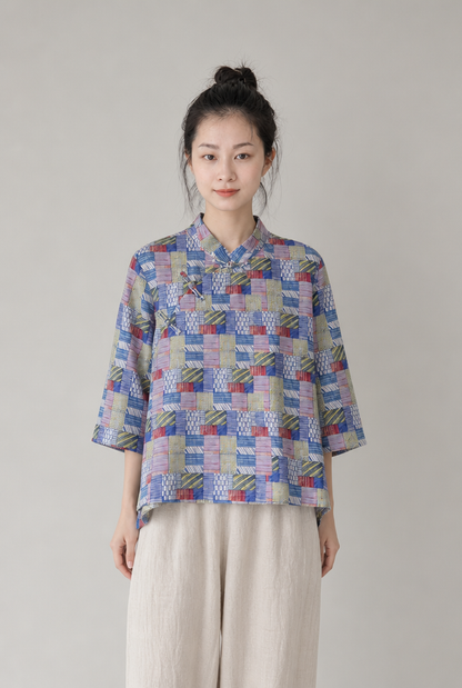 You Living Blue Patchwork Print Cheongsam Samfoo Top