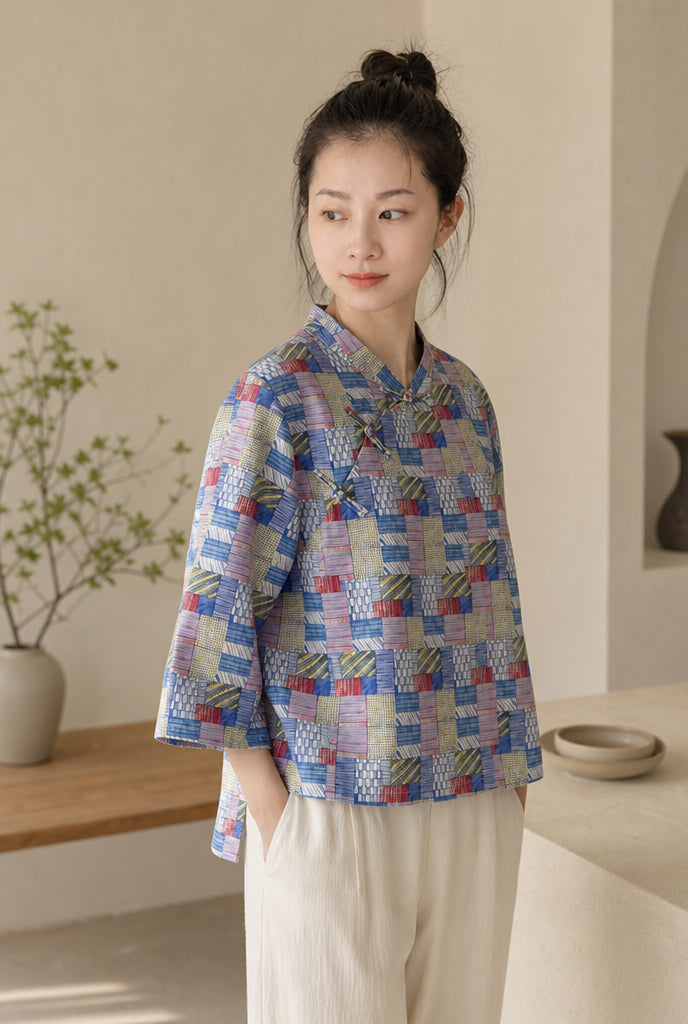 You Living Blue Patchwork Print Cheongsam Samfoo Top