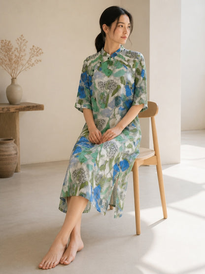 You Living Abstract Blue Floral Cheongsam Dress - Free Size