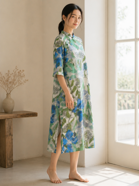 You Living Abstract Blue Floral Cheongsam Dress - Free Size