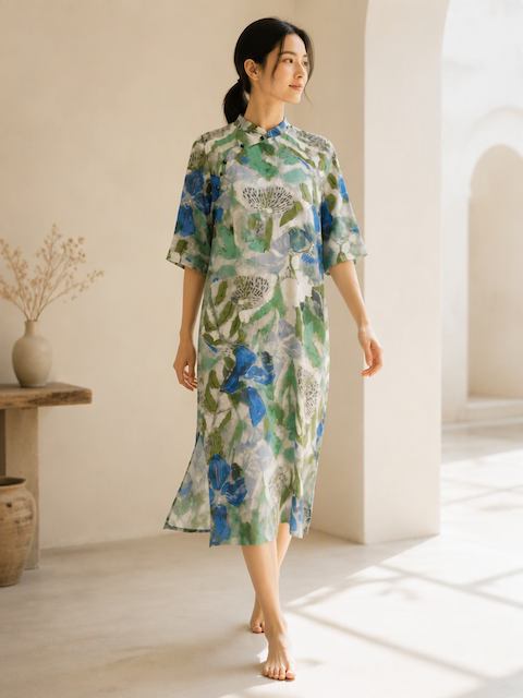 You Living Abstract Blue Floral Cheongsam Dress - Free Size