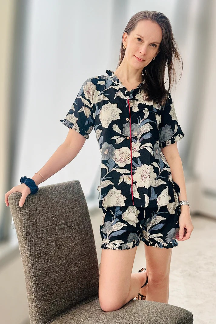 ViryaByUrbi 4-Pc cotton PJ Shorts set - Black Printed