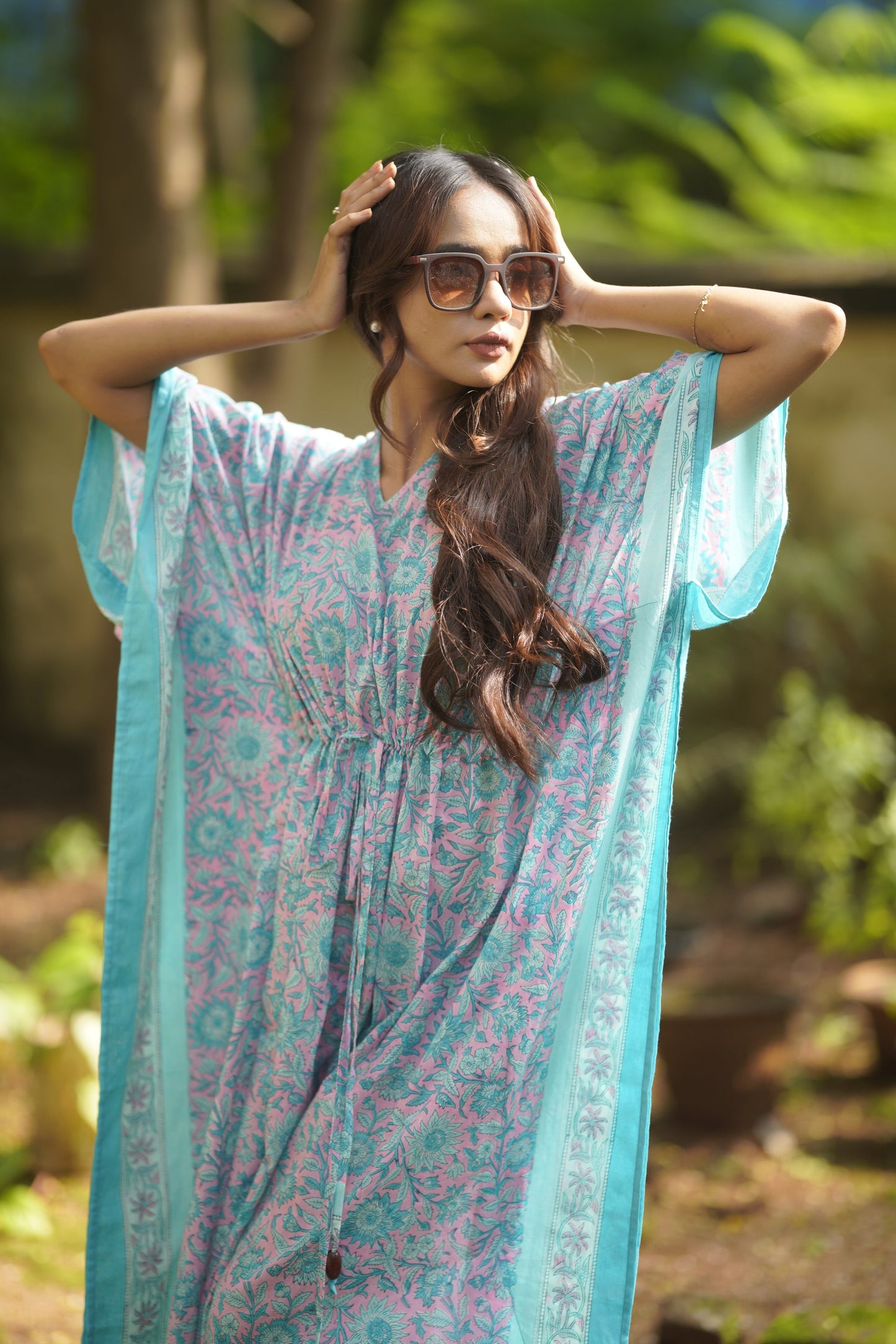 ViryaByUrbi Soft Cotton Kaftan - Mint Green /Blue