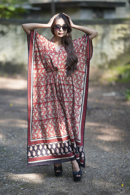 ViryaByUrbi Soft Cotton Kaftan in Paisley Print - Red & Black