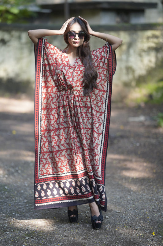ViryaByUrbi Soft Cotton Kaftan in Paisley Print - Red & Black
