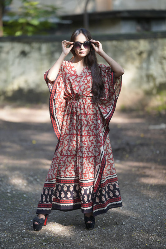 ViryaByUrbi Soft Cotton Kaftan in Paisley Print - Red & Black