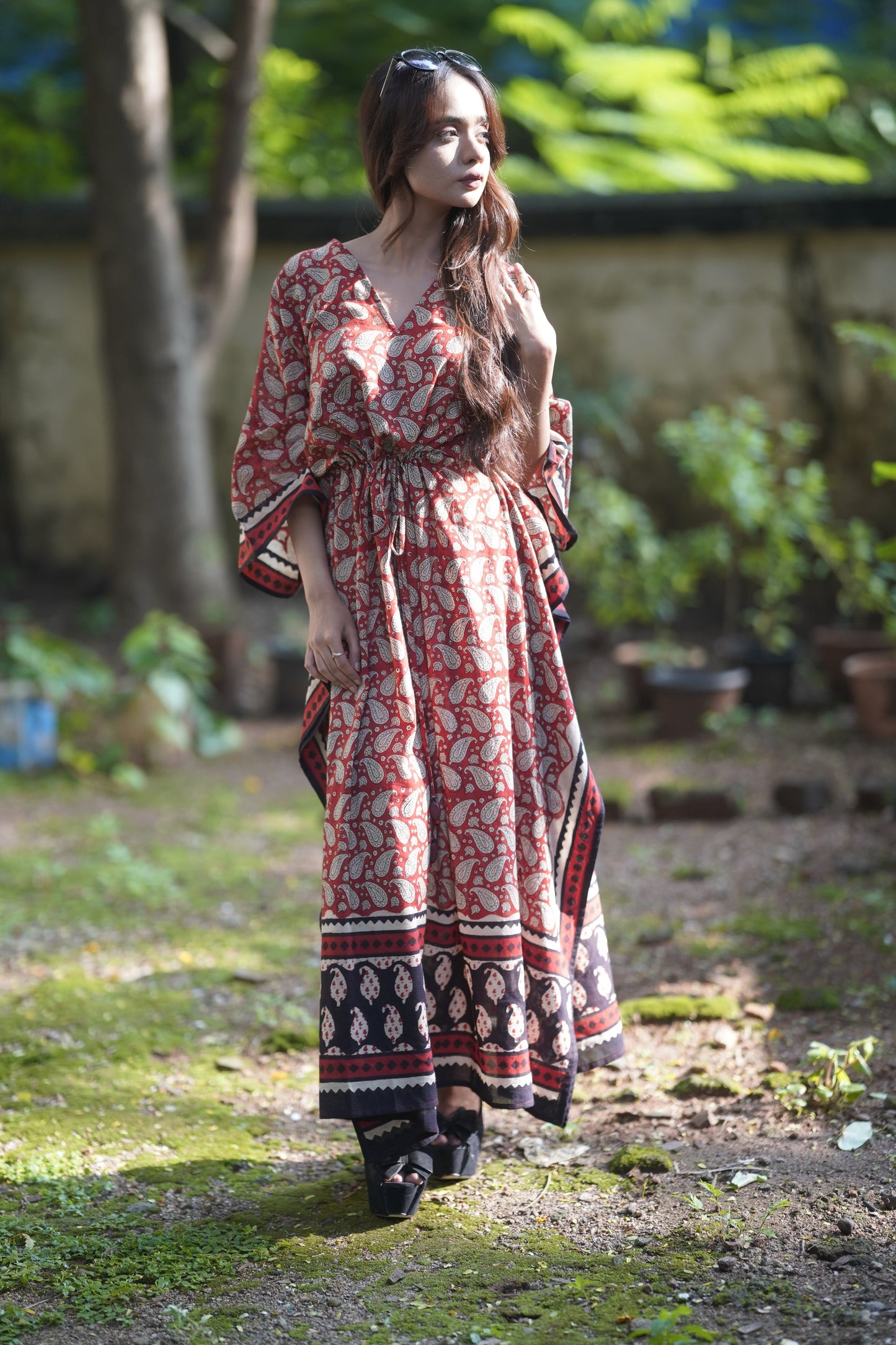 ViryaByUrbi Soft Cotton Kaftan in Paisley Print - Red & Black