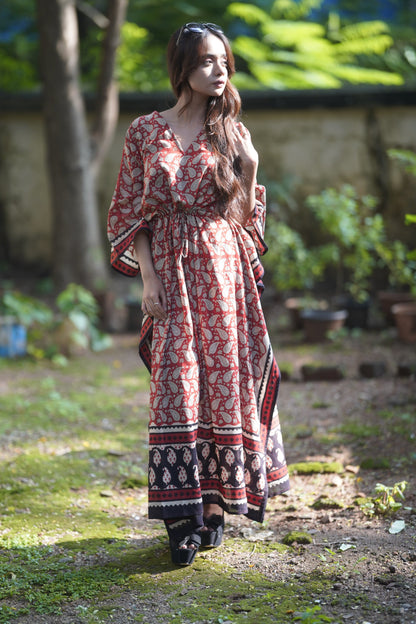 ViryaByUrbi Soft Cotton Kaftan in Paisley Print - Red & Black