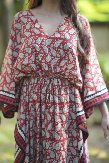 ViryaByUrbi Soft Cotton Kaftan in Paisley Print - Red & Black