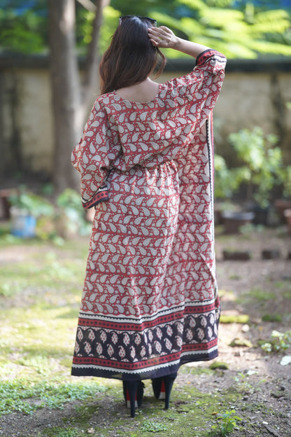 ViryaByUrbi Soft Cotton Kaftan in Paisley Print - Red & Black