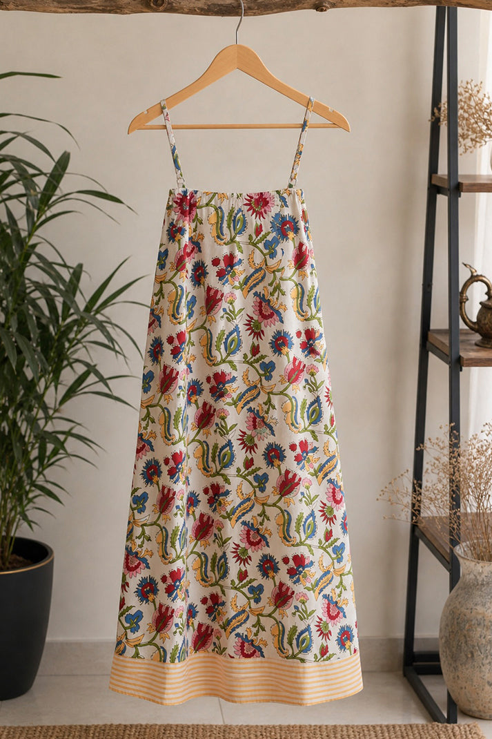 ViryaByUrbi Floral Beige Cotton Spaghetti Dress