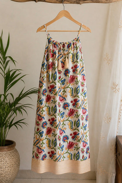ViryaByUrbi Floral Beige Cotton Spaghetti Dress