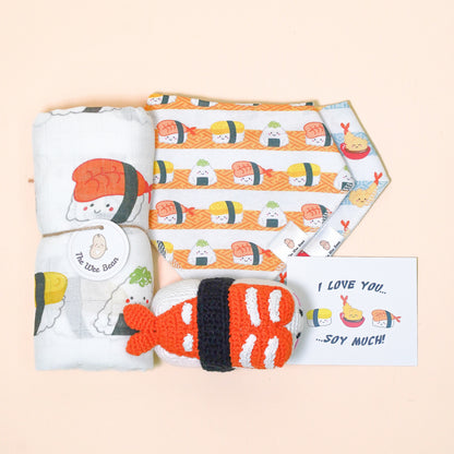Wee Bean Little Essentials Organic Baby Gift Set – Boba Rattle Doll, Swaddle & Bandana Bibs