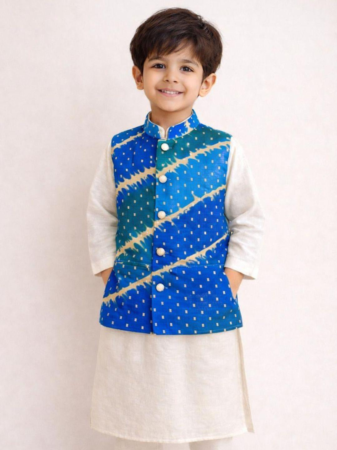 Faiz Blue Boys Jacket in Bandhani Cotton