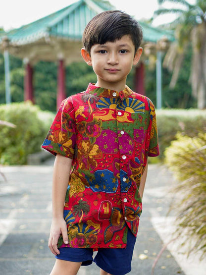 Forest Symphony Red Kids Mandarin Cotton Shirt
