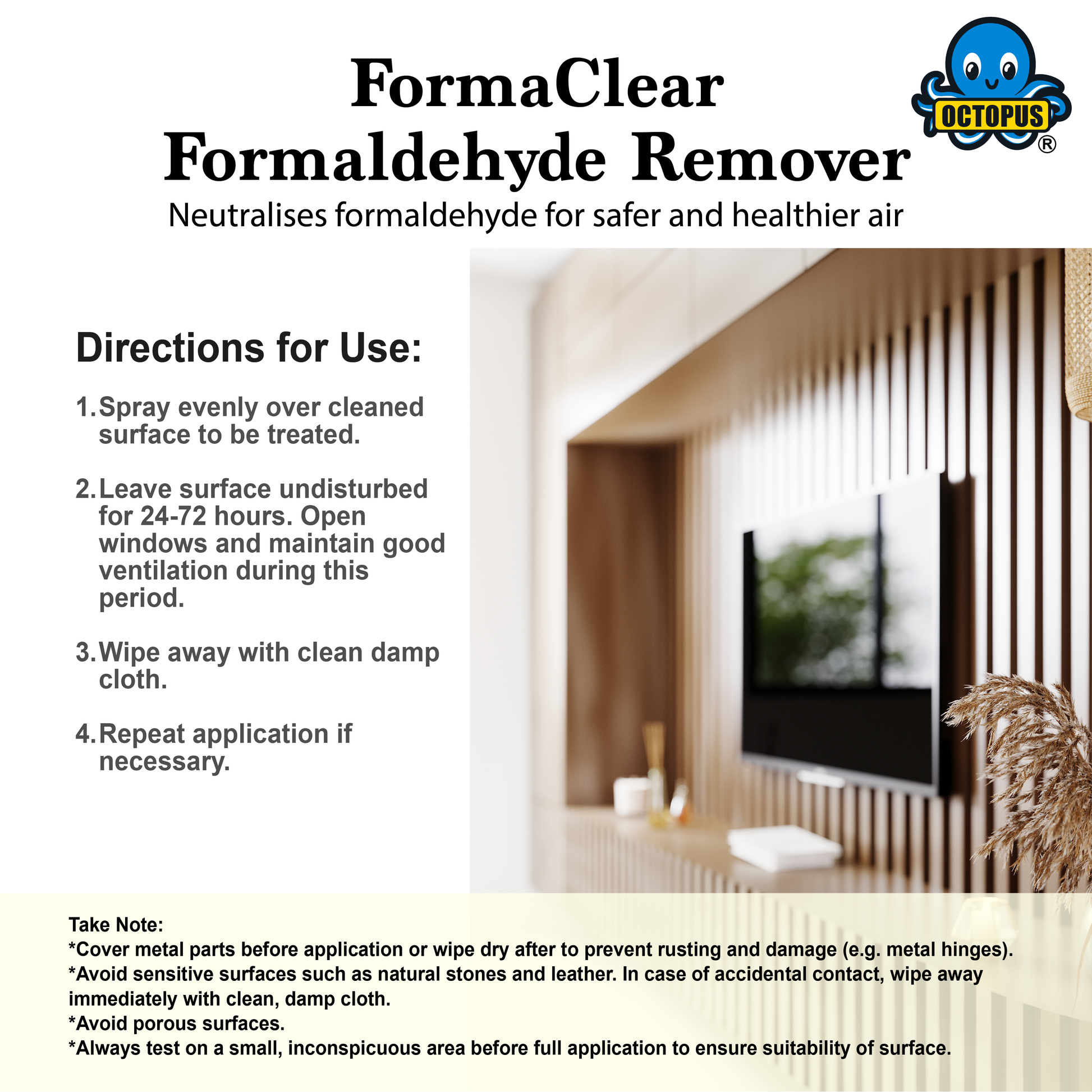 FormaClear Formaldehyde Remover advertisement with directions for use and a modern indoor setting.