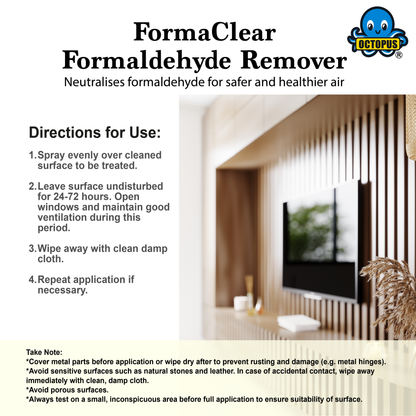 FormaClear Formaldehyde Remover advertisement with directions for use and a modern indoor setting.