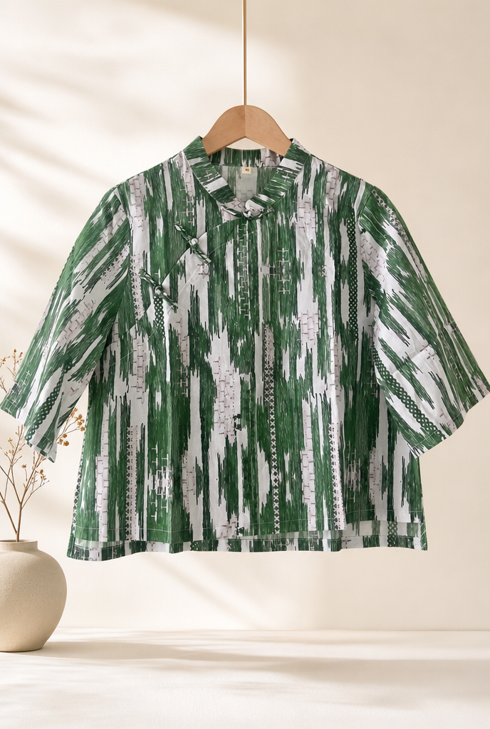 You Living Green Abstract Print Cheongsam Samfoo Top