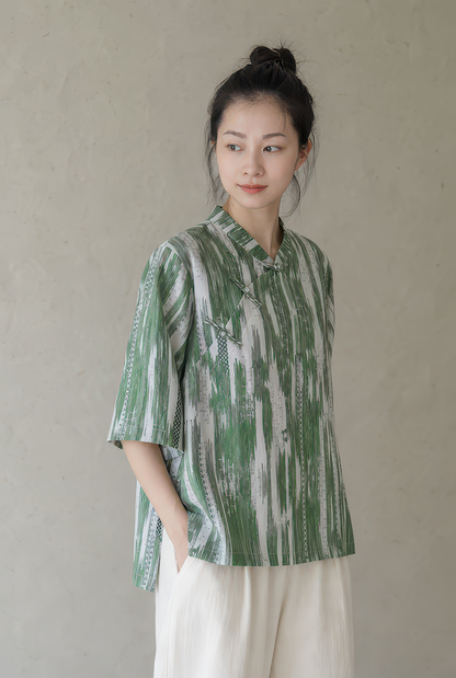 You Living Green Abstract Print Cheongsam Samfoo Top