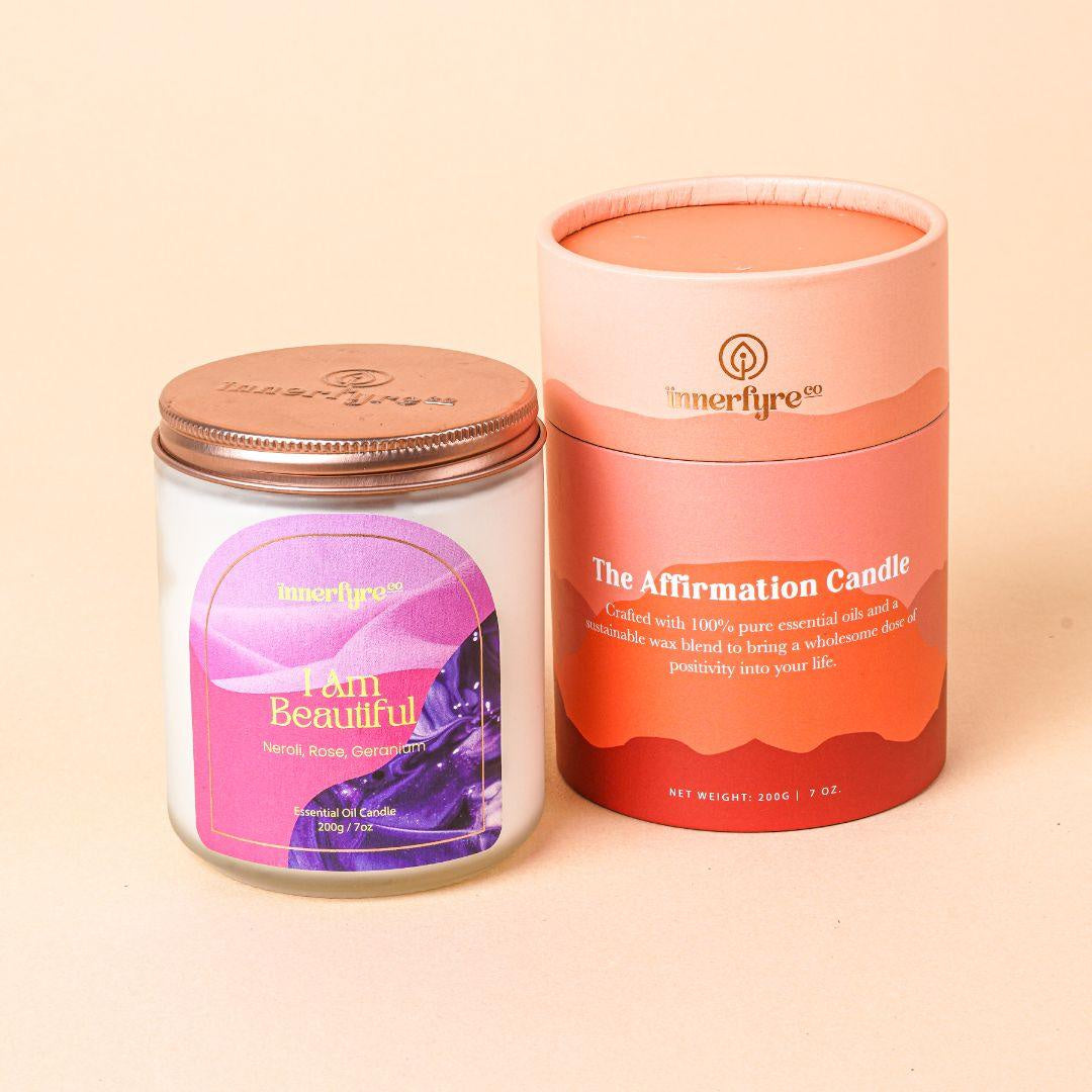 Innerfyre I AM BEAUTIFUL Affirmation Crystal Candle – Neroli, Rose & Geranium | 100g