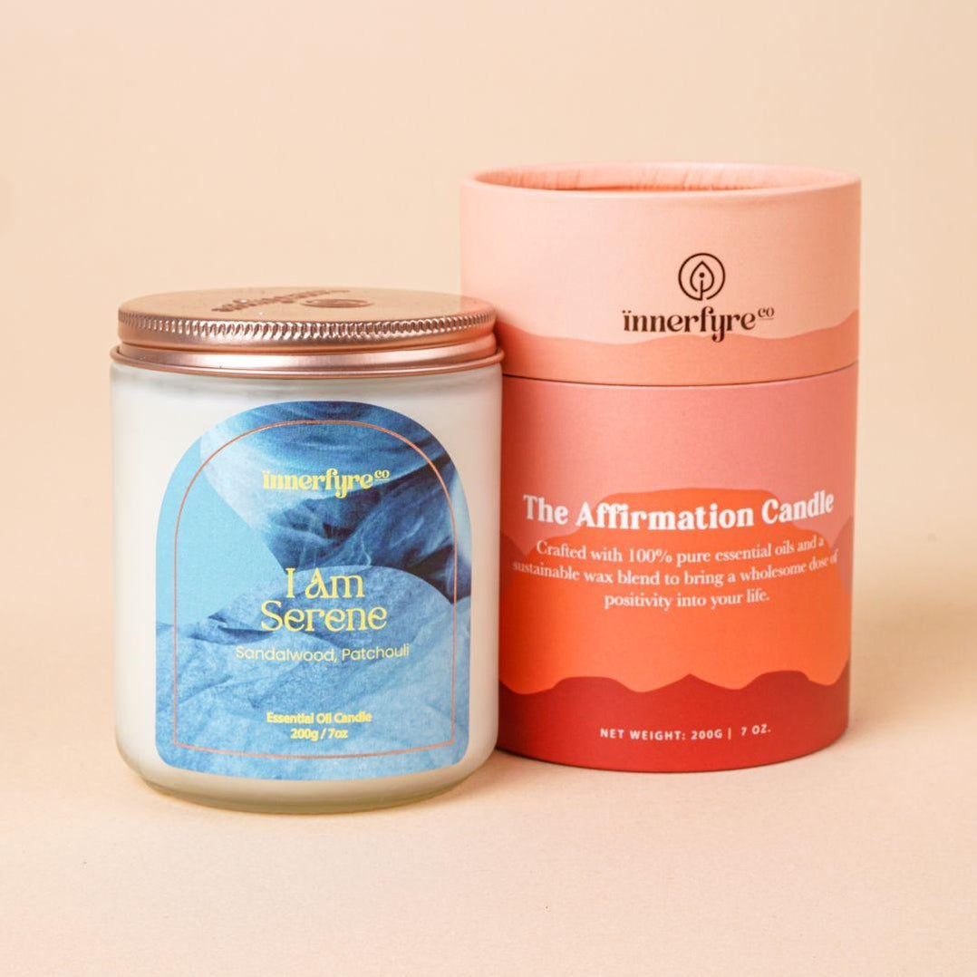 Innerfyre I AM SERENE Affirmation Crystal Candle – Sandalwood & Patchouli | 100 hrs