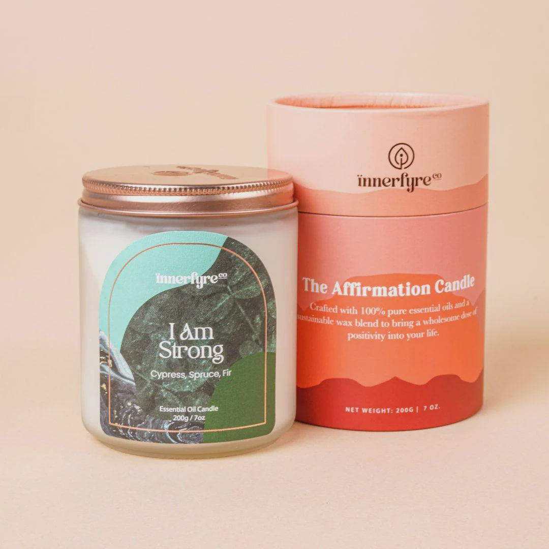 Innerfyre I AM STRONG Affirmation Crystal Candle – Cypress, Spruce & Fir, 100g