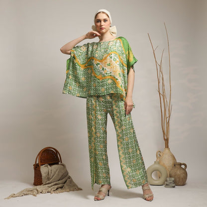 Heritage Silk-Feel Handstamped Blouse – Green Pattern