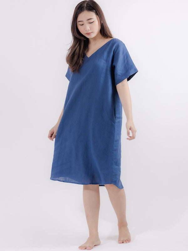 You Living Linen Lounge Dress (Dark Blue) - Free Size