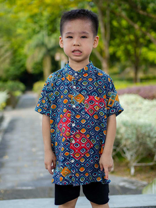 Nimbu Jade Blue Kids Mandarin Cotton Shirt