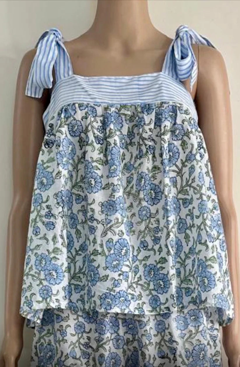 ViryaByUrbi 2-Pc Cotton Floral PJ Shorts Set – Blue & White