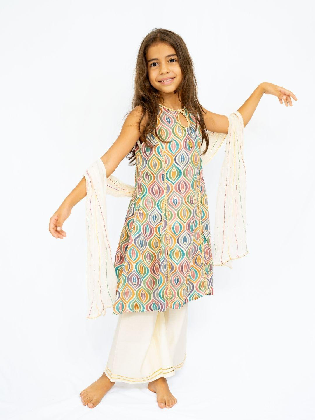 Neera Sapphire Girls Lace Kurti Palazzo Set – Ice Cool Cotton with Pearl-Drop Neckline & Gota Lace