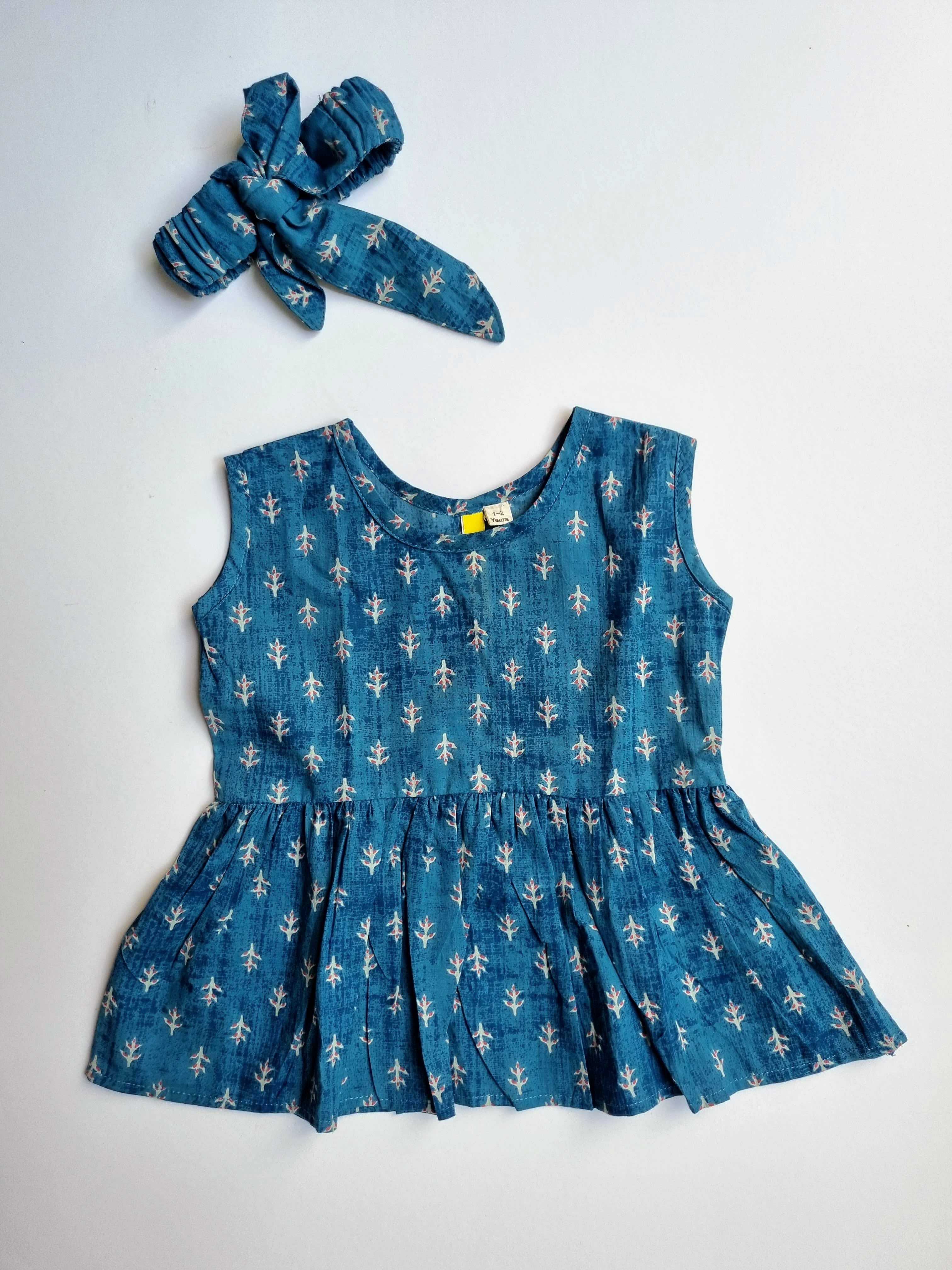 Nimbu Pattern Blue Girls Frock | kids Fashion | The Green Collective SG