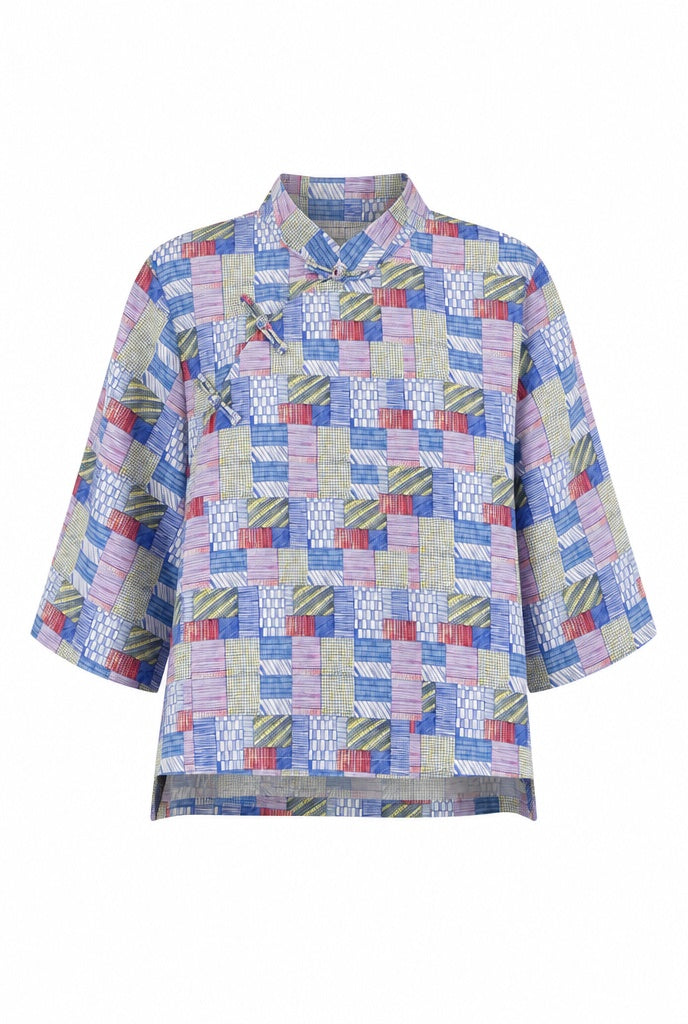 You Living Blue Patchwork Print Cheongsam Samfoo Top