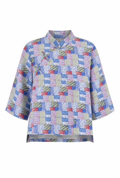 You Living Blue Patchwork Print Cheongsam Samfoo Top