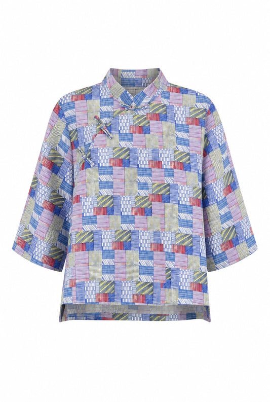 You Living Blue Patchwork Print Cheongsam Samfoo Top