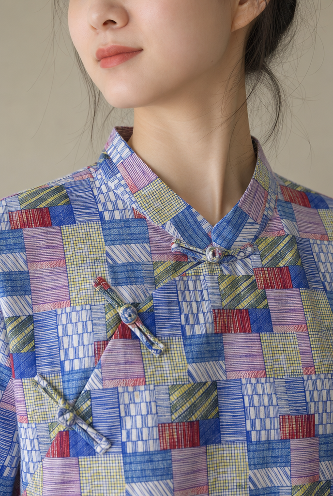 You Living Blue Patchwork Print Cheongsam Samfoo Top