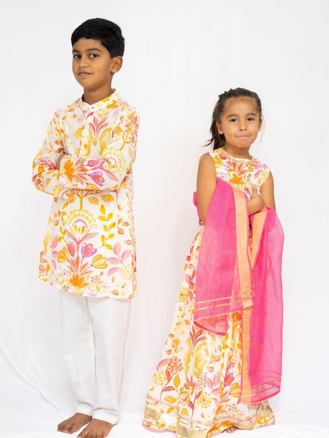 Rhea Yellow & Pink Boys Kurta Pajama Set