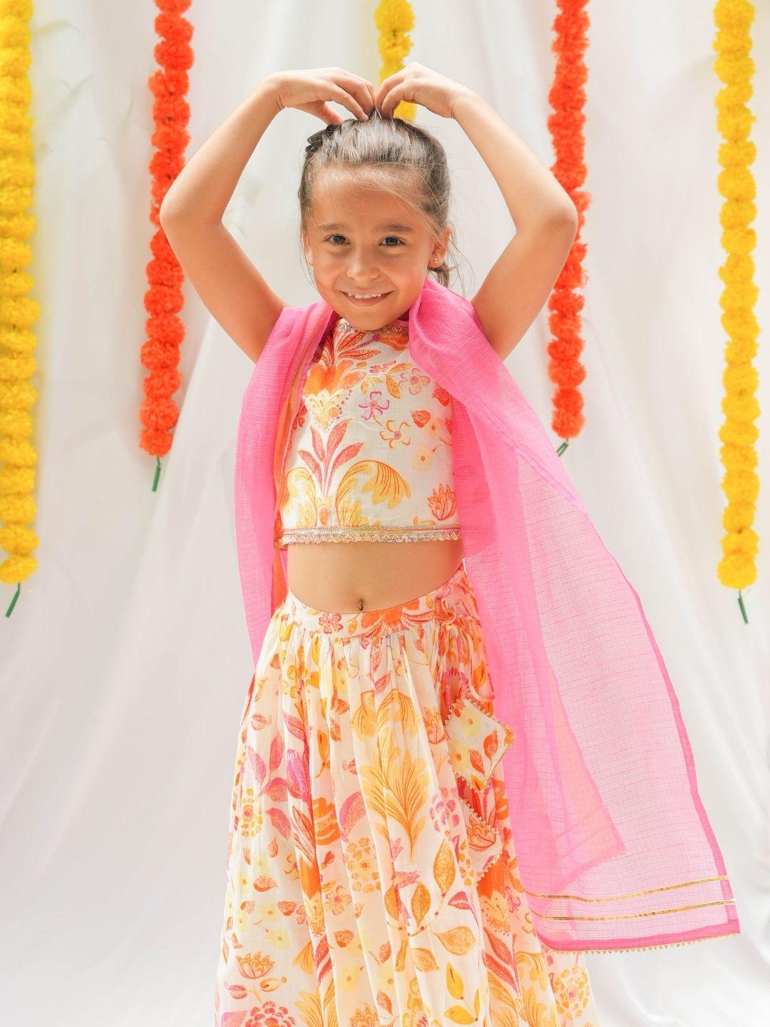 Rhea Yellow & Pink Girls Sleeveless Lehenga Set with Dupatta