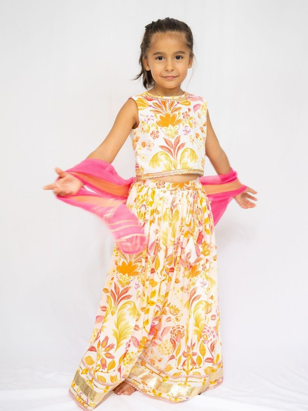 Rhea Yellow & Pink Girls Sleeveless Lehenga Set with Dupatta