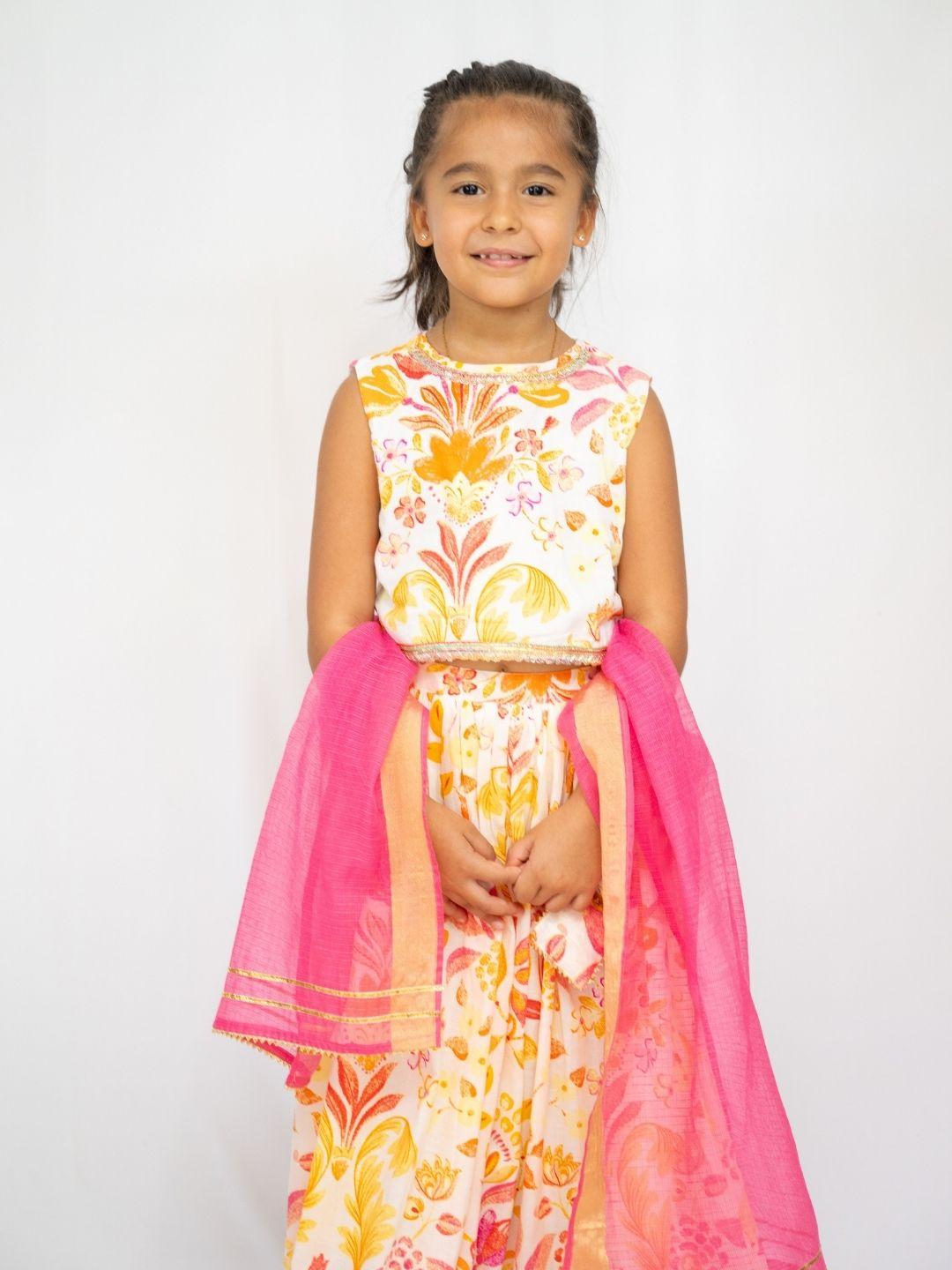 Rhea Yellow & Pink Girls Sleeveless Lehenga Set with Dupatta