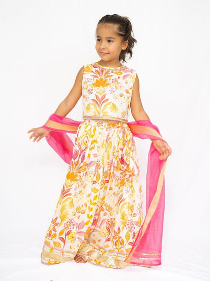Rhea Yellow & Pink Girls Sleeveless Lehenga Set with Dupatta